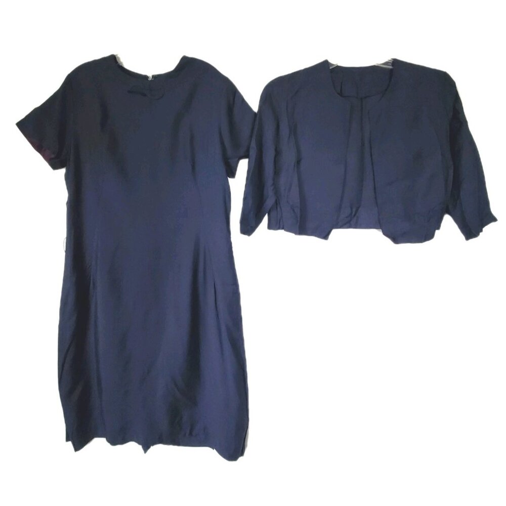 VINTAGE 70s 60s Evanna New York Navy Blue Sheath Dress & Cropped Jacket Set